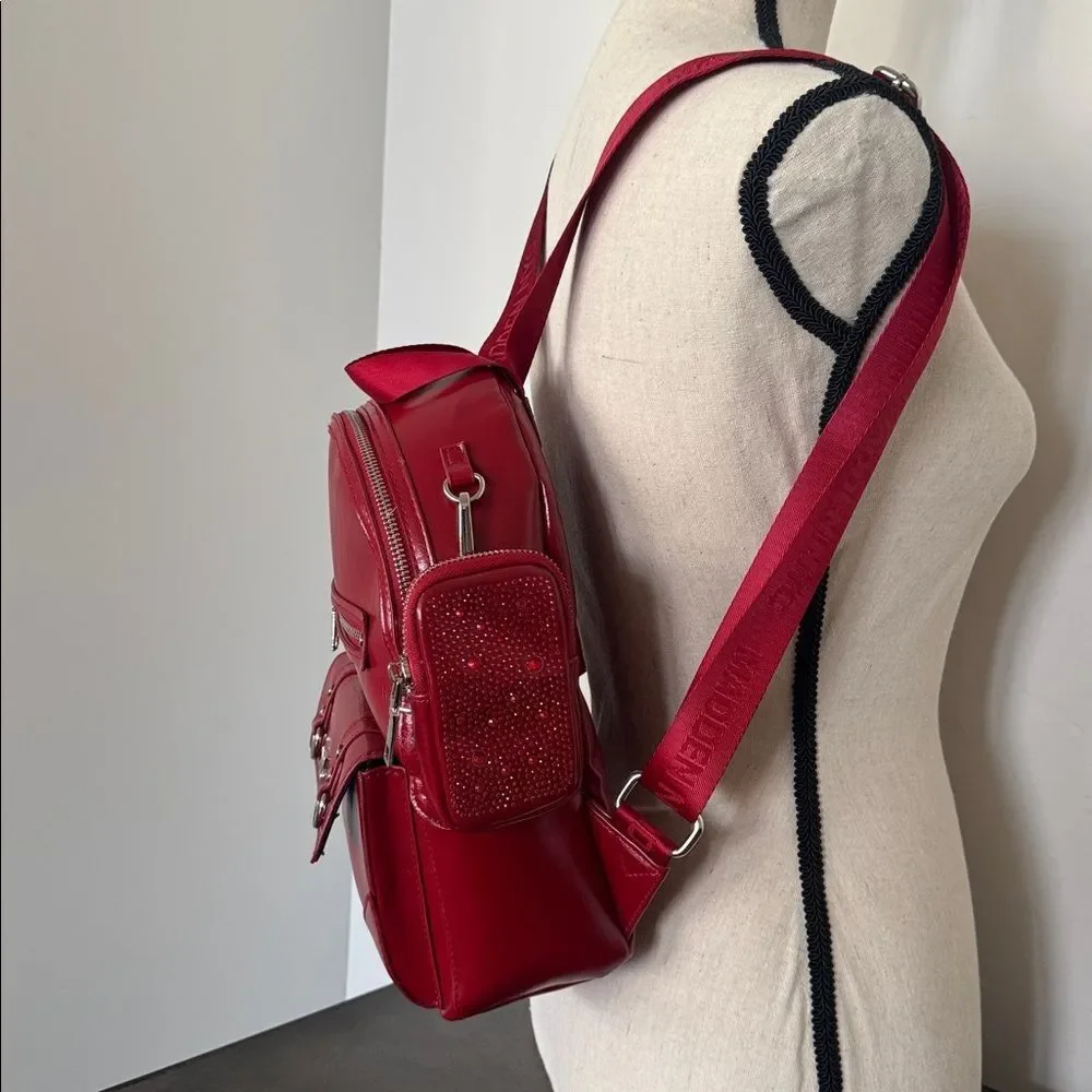 Madden NYC Red Patent Faux Leather Backpack Travel Everyday Wear Bag Casual EUC